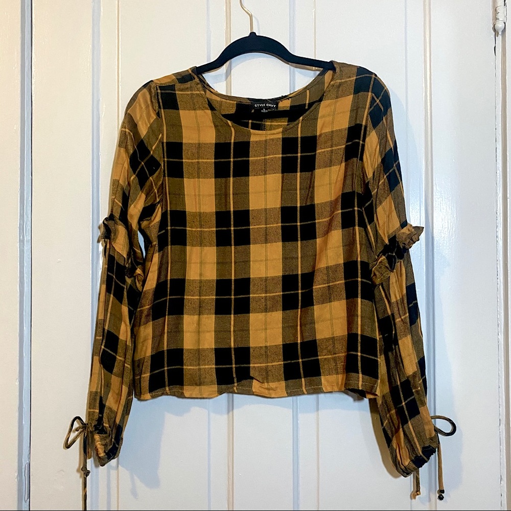 SOLD! Plaid Button Up w/Ruffle & Tied Sleeves